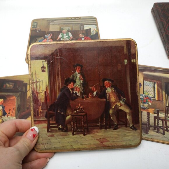 Vintage Win-El-Ware English Large Coasters Victorian Crinoline Pub x 6 with Case - Picture 10 of 14